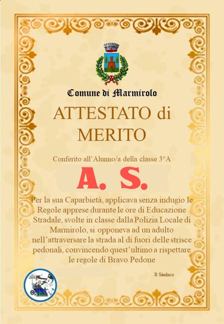 La pergamena consegnata alla giovanissima studentessa marmirolese